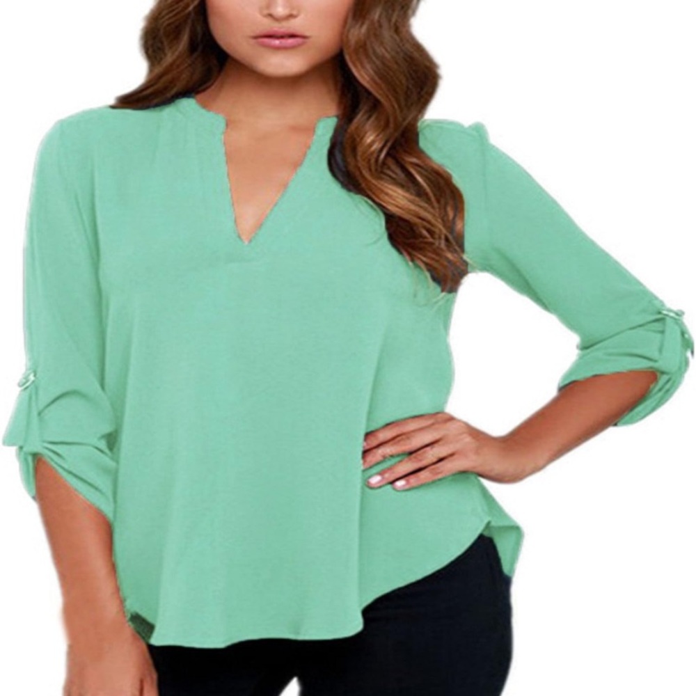 ZANZEA Women's Chiffon Solid V Neck Cuffed Sleeve T Shirt Blouse Top - Picture 3 of 8
